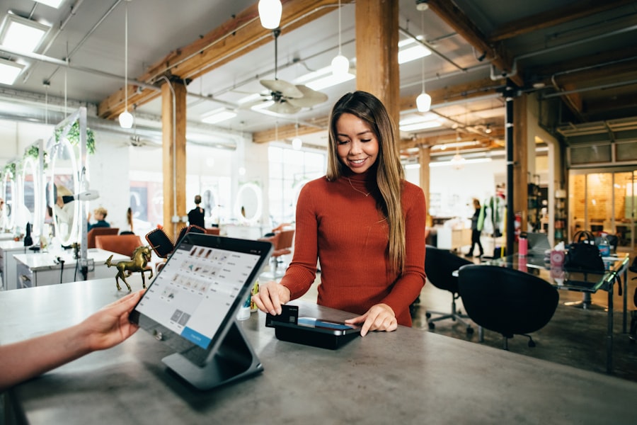 Modern point-of-sale tablet system on a shop counter